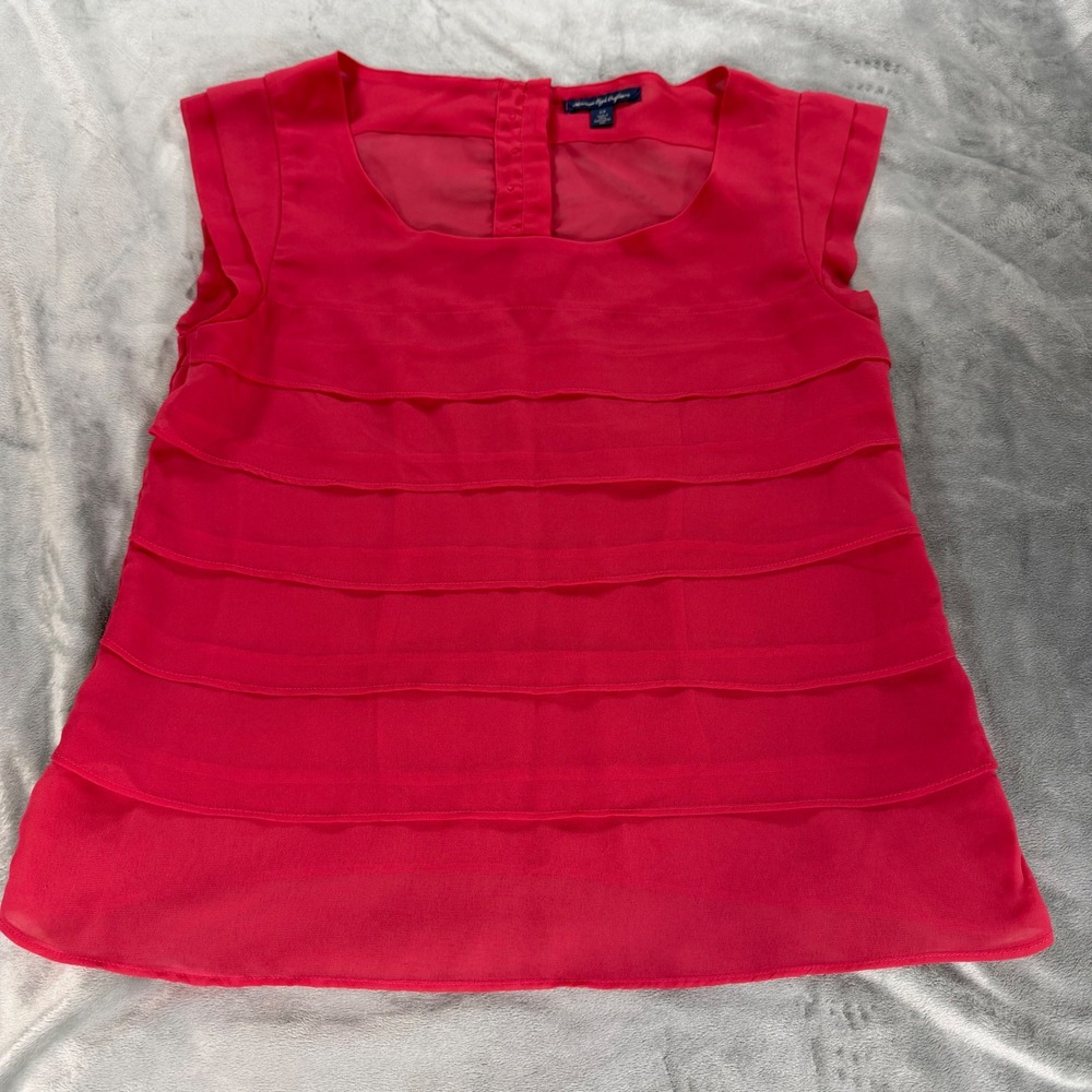 American Eagle Womens Scoop Neck Blouse Sm Pink Tiered Semi Sheer Spring Summer